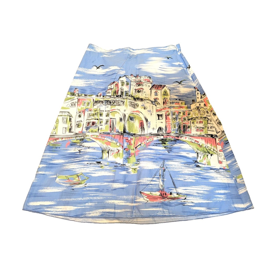 Briggs New York Skirt Womens 8 Blue Ponte Vecchio Print Italy Scene 74322J Boat